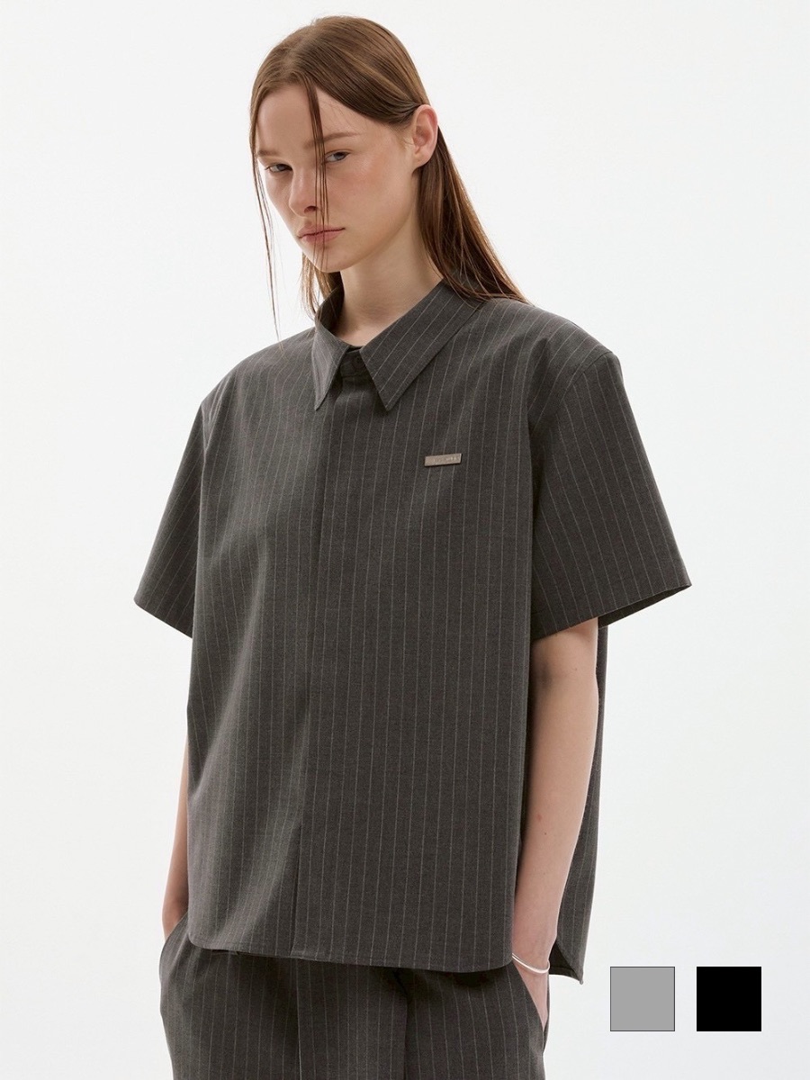 【ESC STUDIO】neat shoulder pad shirt/ 【イーエスシーステュディオ】ニートショルダーパット半袖シャツ
