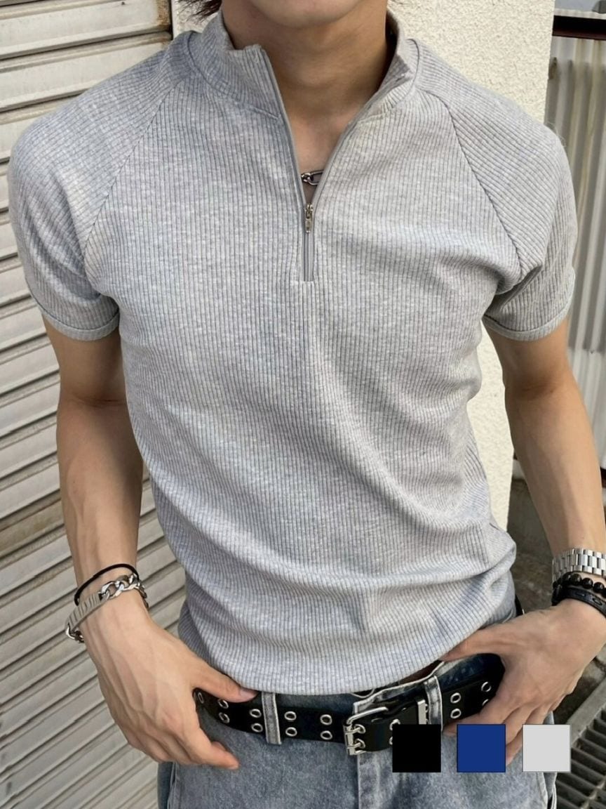 受注制【Chikashitsu +】mockneck zip half sleeve t-shirt / 【チカシツプラス】モックネックジップ半袖Tシャツ (3color)