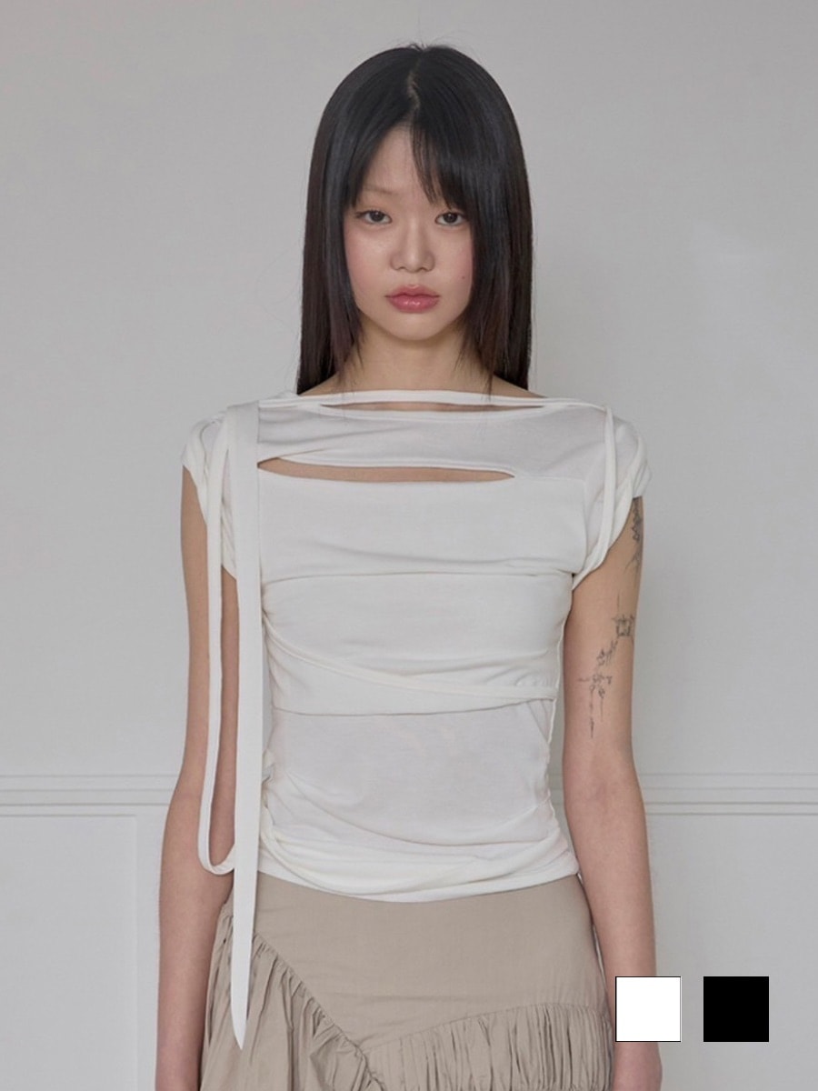 【FLAREUP】Asymmetrical Draped Strap Roll-Up T-Shirt 