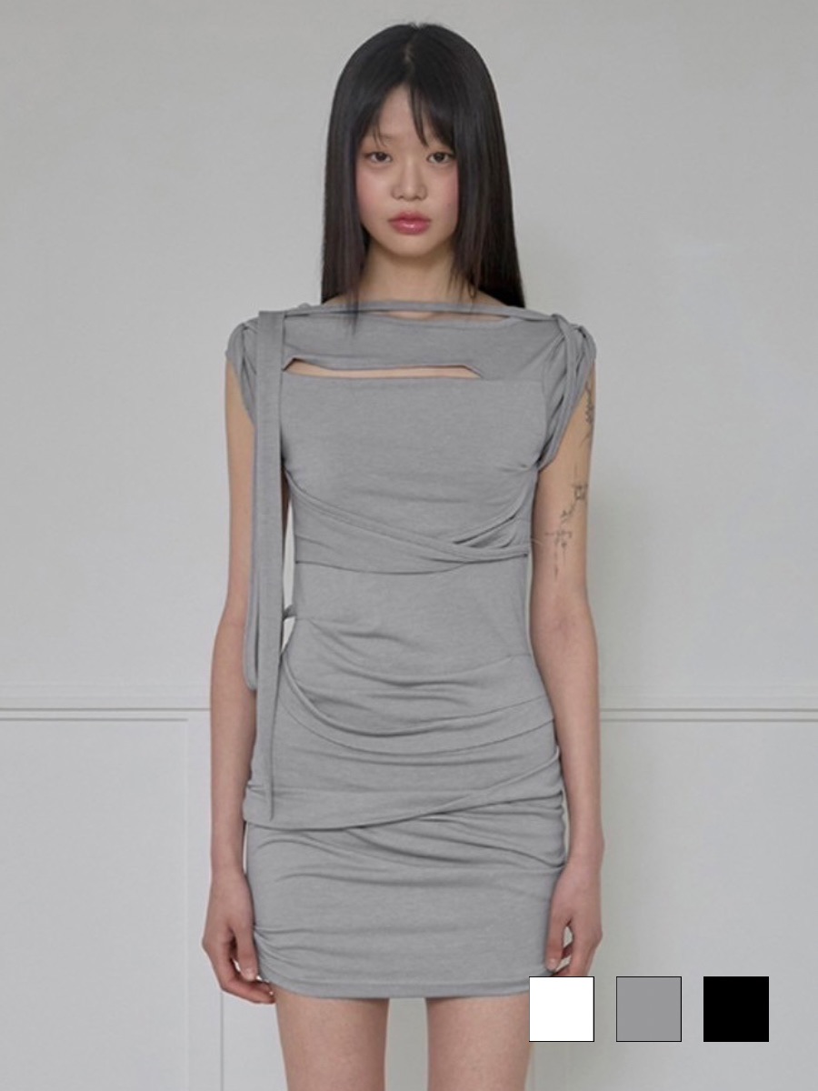 【FLAREUP】Asymmetrical Draped Strap Roll-Up Dress 