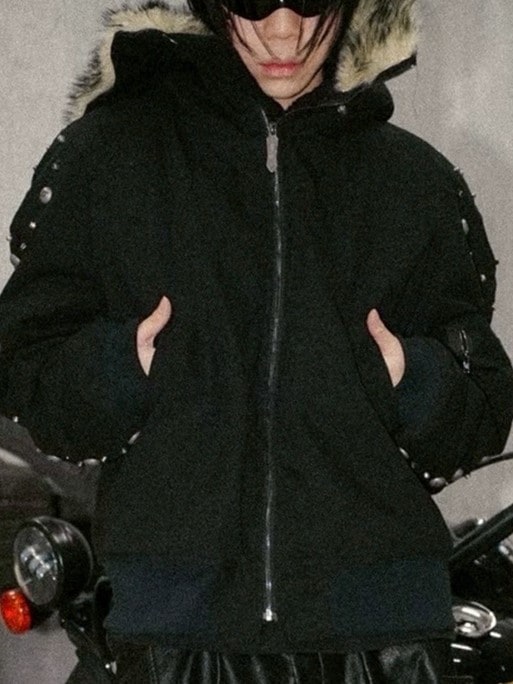 【Fourth3ex】Rivet Fox Double-Faced Denim Hoodie / 【フォースセックス】リベットエコファーデニムブルゾン