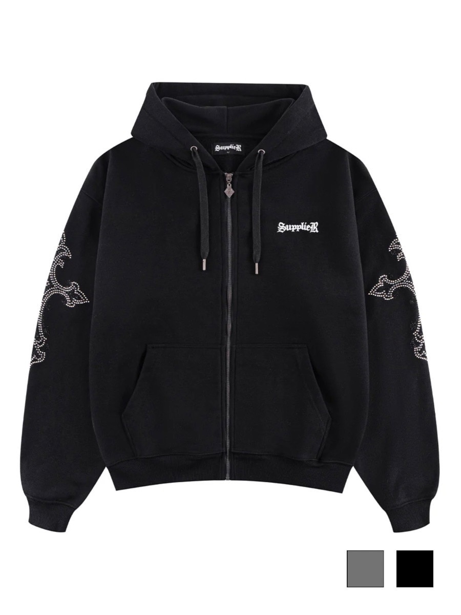 9/29 20:00発売【SUPPLIER】RHINESTONE CROSS SLEEVE ZIP HOODIE