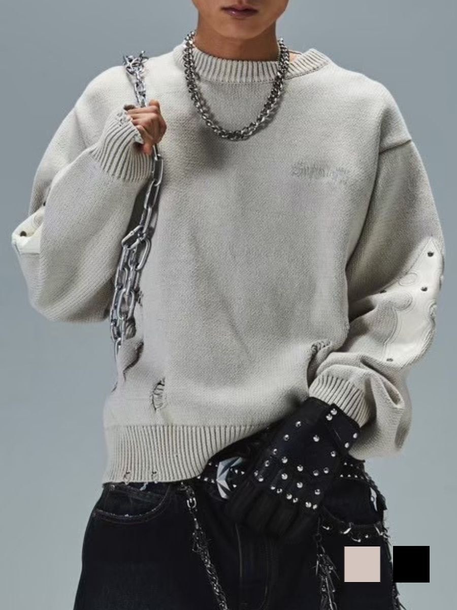 【SUPPLIER】DISTRESSED CROSS LEATHER PATCH CREW KNIT V2 / 【サプライヤー】クロスパッチスリーブロゴダメージニット