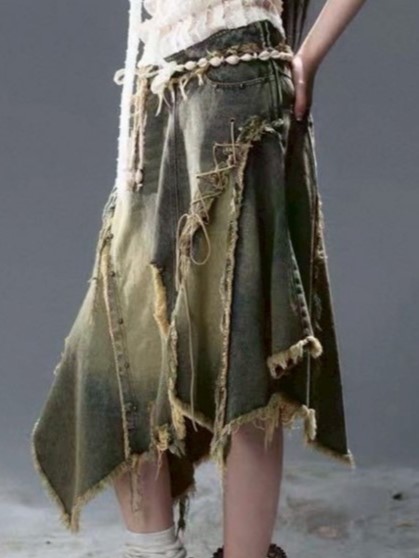 【Cest Nous】Distressed Hem Denim Skirt / 【セヌー】ダメージアシンメトリーデニムスカート