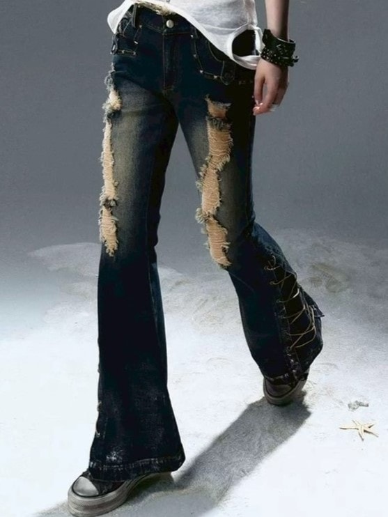 【Cest Nous】Silver-Foil Flared Pants / 【セヌー】ダメージフレアデニムパンツ