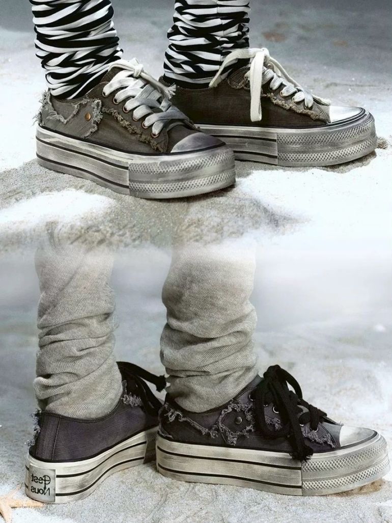 【Cest Nous】Distressed Canvas Sneakers / 【セヌー】ダーティーデニムキャンバス厚底スニーカー