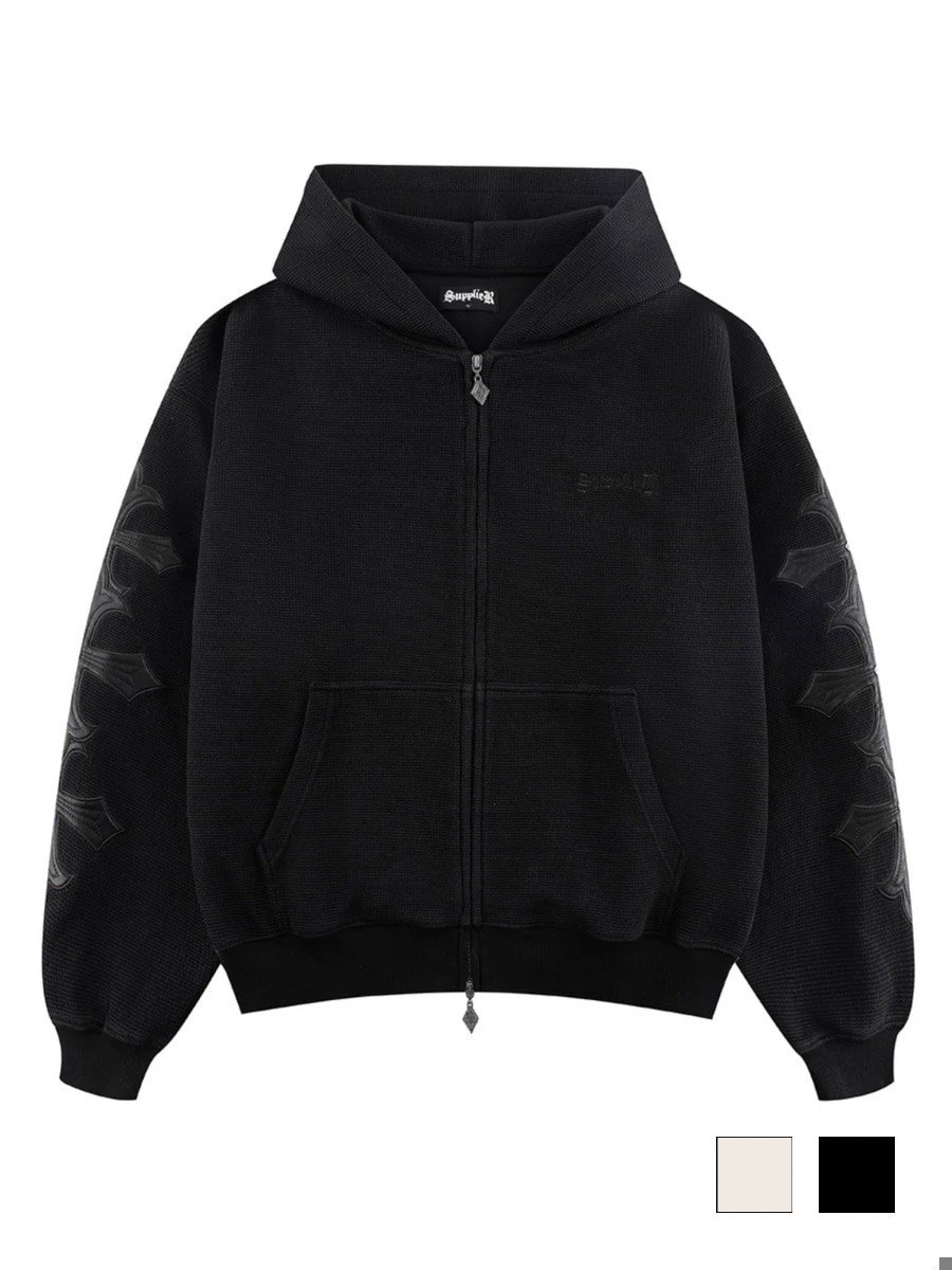 【SUPPLIER】Cross Leather Patch Thermal Zip Hoodie / 【サプライヤー】クロスレザーパッチサーマルジップアップパーカー