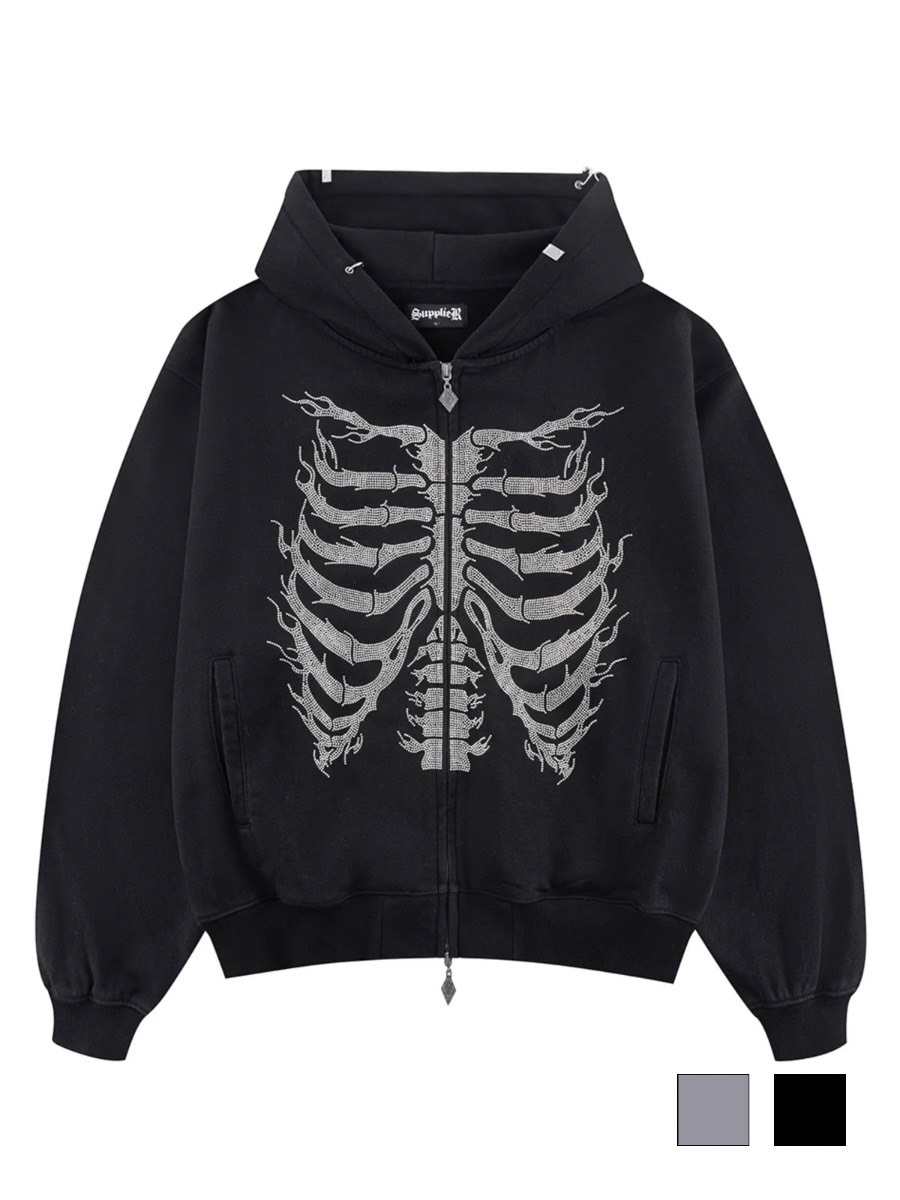 【SUPPLIER】Fire Skeleton Rhinestone Zip Hoodie / 【サプライヤー】ファイヤースケルトンラインストーンジップアップパーカー