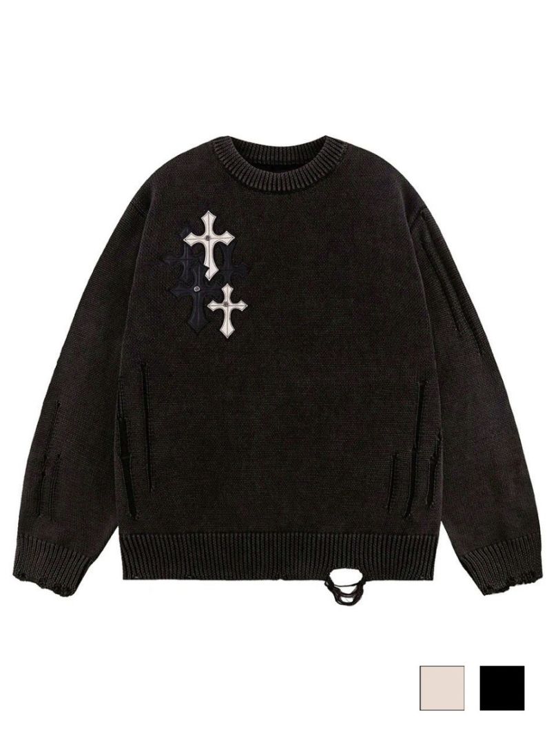 【SUPPLIER】Distressed Multiple Cross Leather Patch Crew Knit / 【サプライヤー】ダメージクロスレザーパッチニット