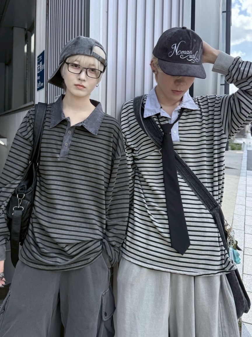 受注制【nmtc +】border long sleeve / 【エヌエムティーシープラス】襟付きボーダー長袖Tシャツ (2color)