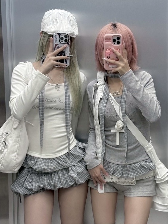 受注制【nmtc +】tie set check lace long sleeve / 【エヌエムティーシープラス】タイ付きチェックレース切り替え長袖Tシャツ (3color)