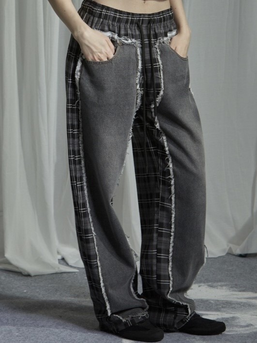 【GATELESS】DAMAGE DENIM PATICHWORK CHECK PANTS / 【ゲートレス】ダメージデニムパッチワークチェックパンツ