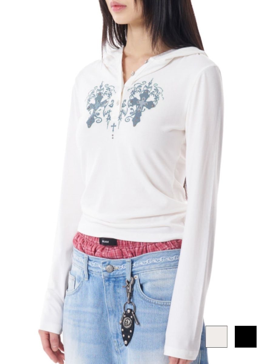 【AAKAM】Studded CROS2 Hooded Long Sleeve