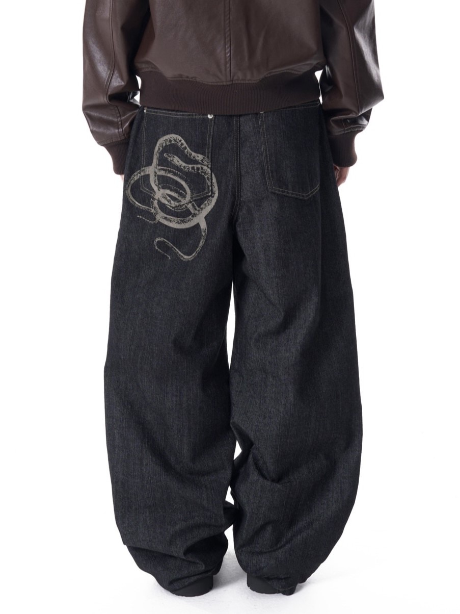 【AAKAM】Snake Printed Denim Pants