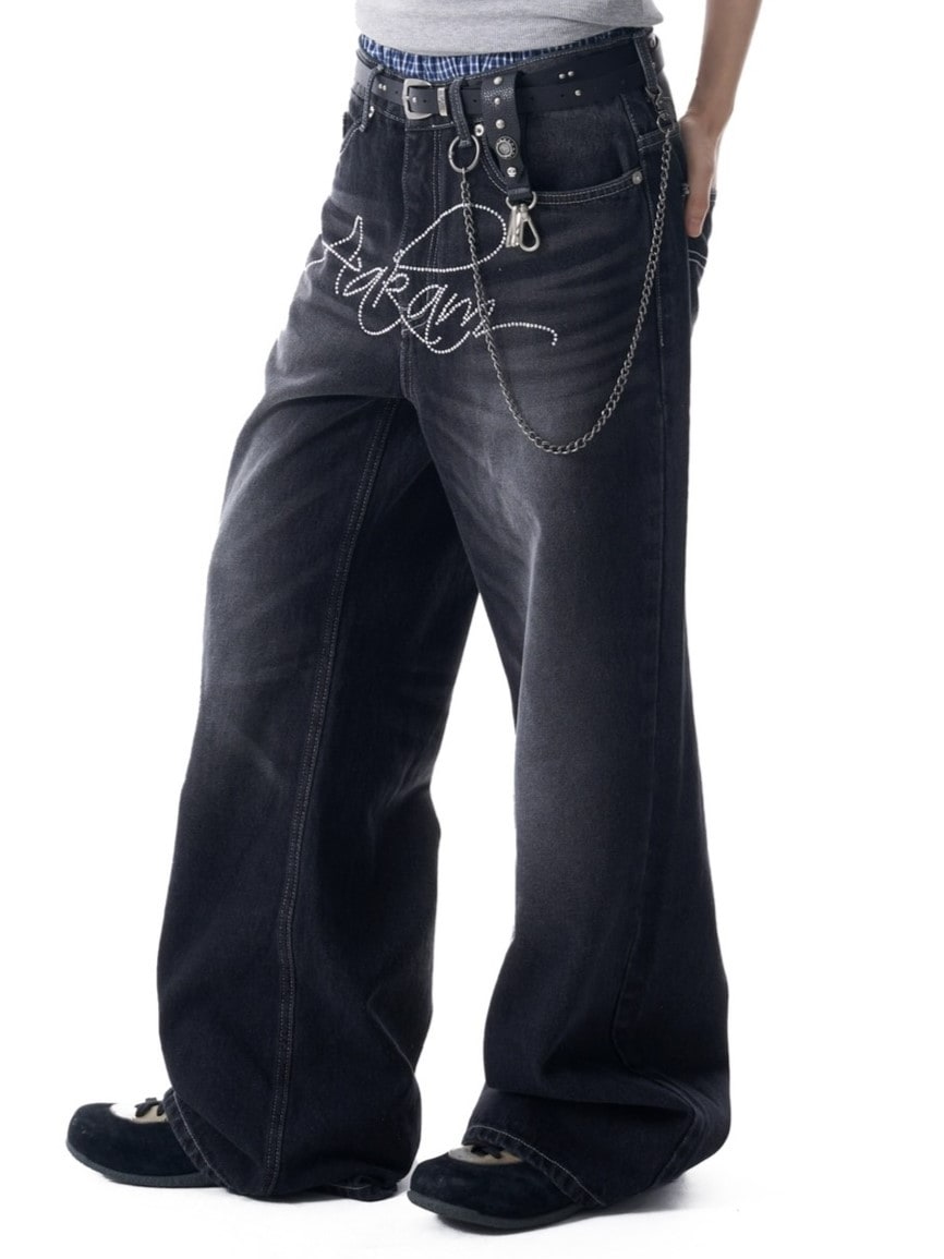【AAKAM】Rhinestone Washed Denim Pants