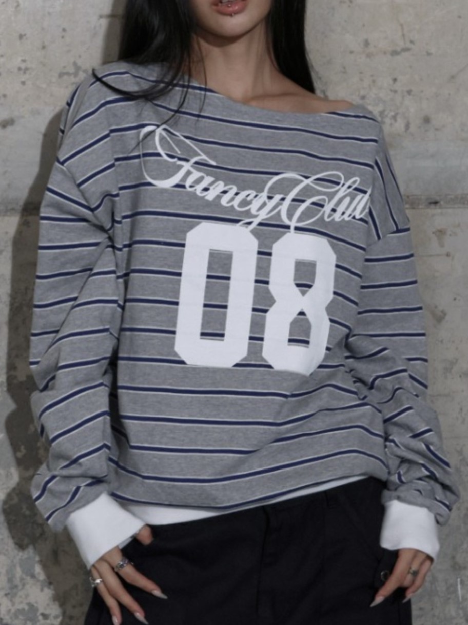【FANCY CLUB】STRIPE ONE-SHOULDER SWEATSHIRT / 【ファンシークラブ】ストライプワンショルダースウェット長袖Ｔシャツ