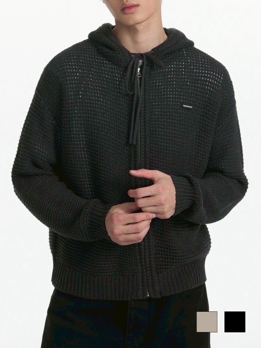 【TGNS】Hollow Knit Zipper Cardigan / 【ツーガンズ】ワンポイントメッシュジップアップパーカー