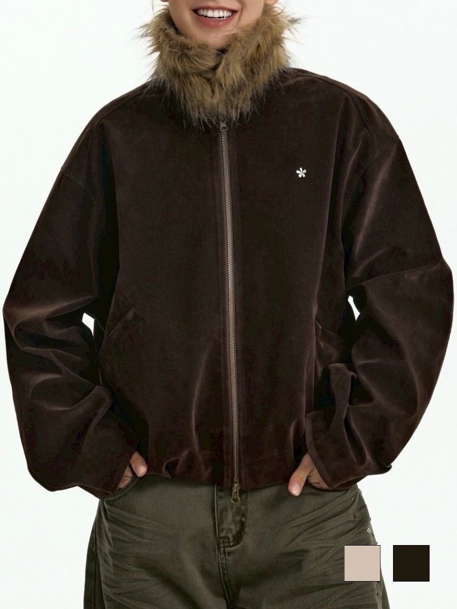 TGNS】Fur Collar Pleated Detachable Collar Jacket