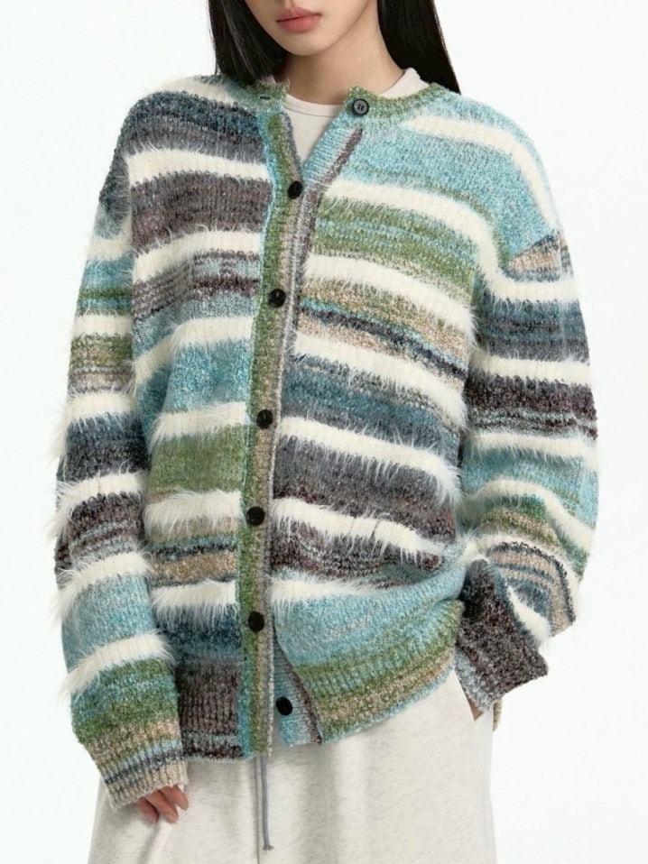 【TGNS】Gradient Terry Faux Mink Striped Cardigan Sweater / 【ツーガンズ】マルチカラーボーダーニットカーディガン