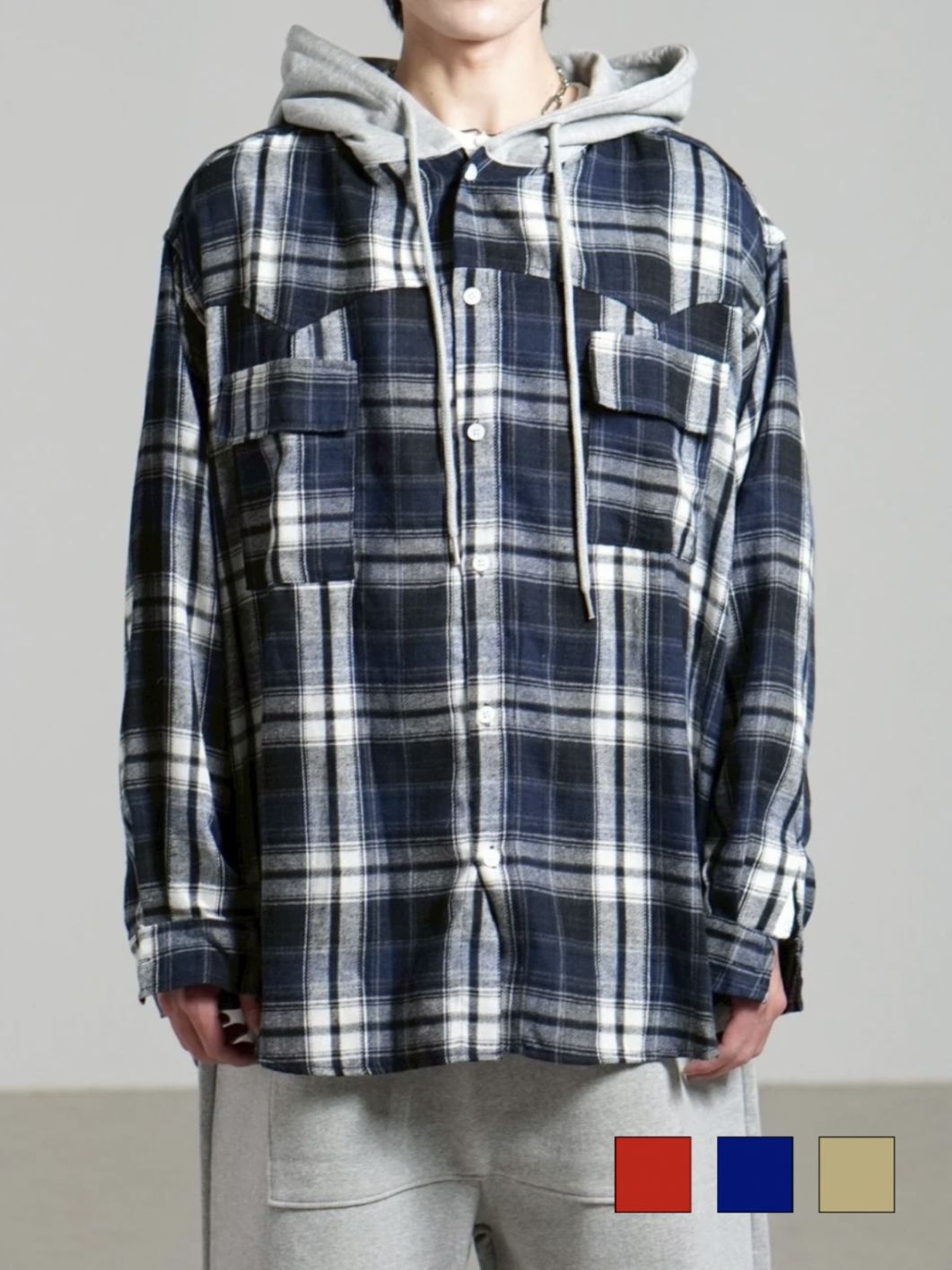 受注制【Chikashitsu +】hood mix check hoodie / 【チカシツプラス】フードミックスチェックパーカー (3color)