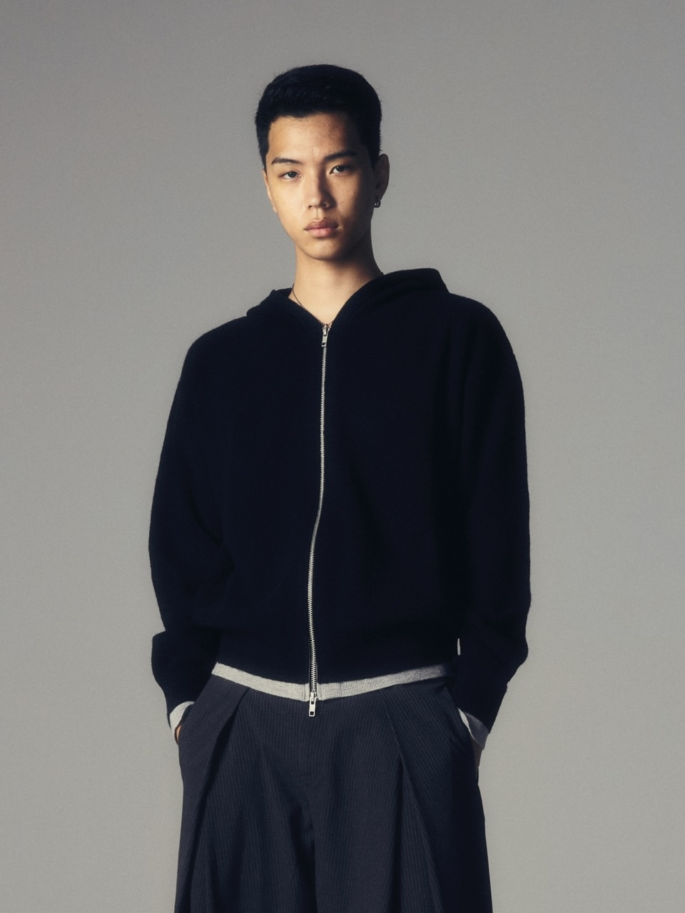 【CS】layered knit zip hoodie (black)