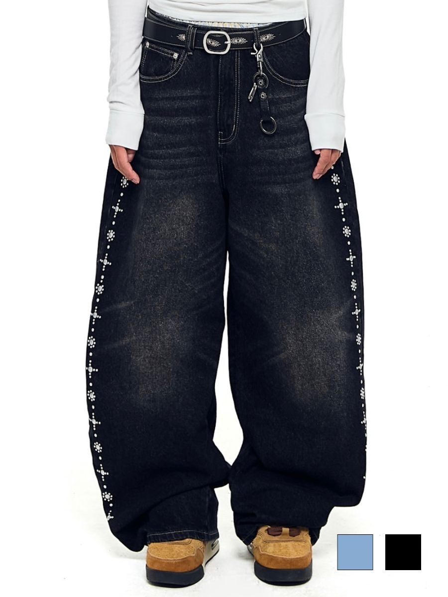【AAKAM】Side Rhinestone Denim Pants