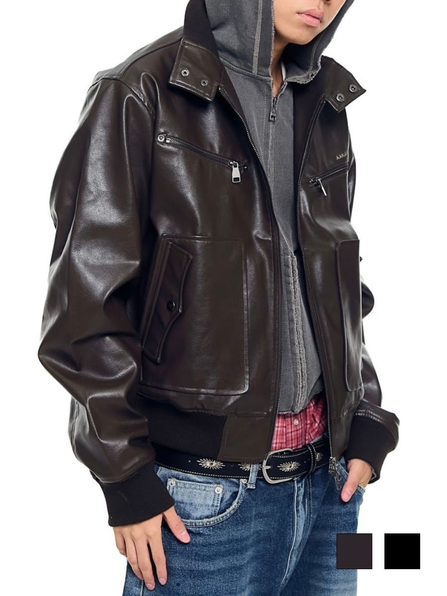 12/21再入荷【AAKAM】High-Neck Leather Jacket