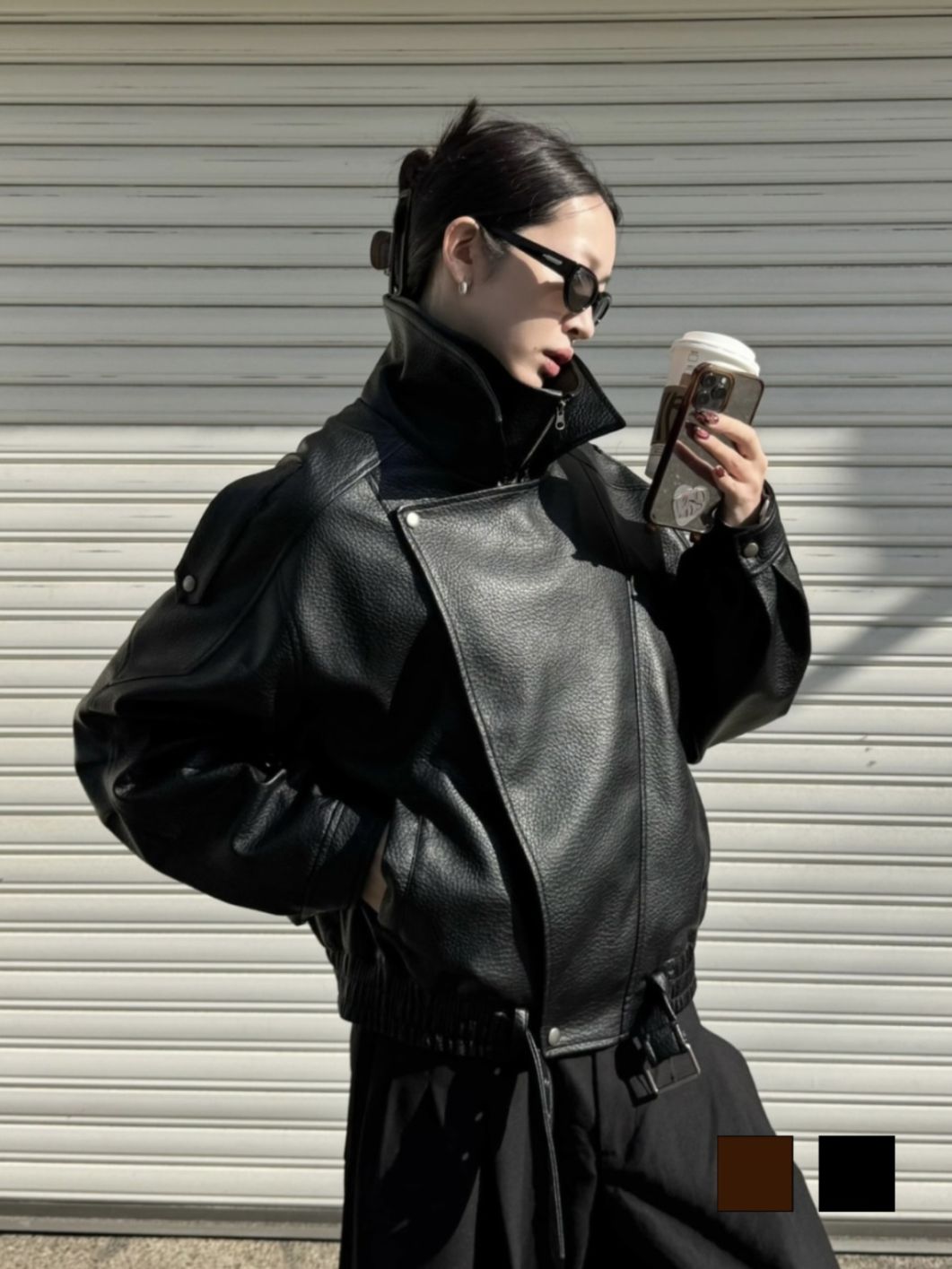 【Chikashitsu +】 レザーボンバージャケット ブラック 受注制【Chikashitsu +】high neck non-leather bomber jacket
