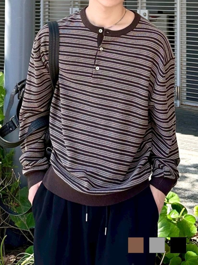 受注制【Chikashitsu +】cropped henry neck border knit / 【チカシツプラス】クロップドヘンリーネックボーダーニット (3color)