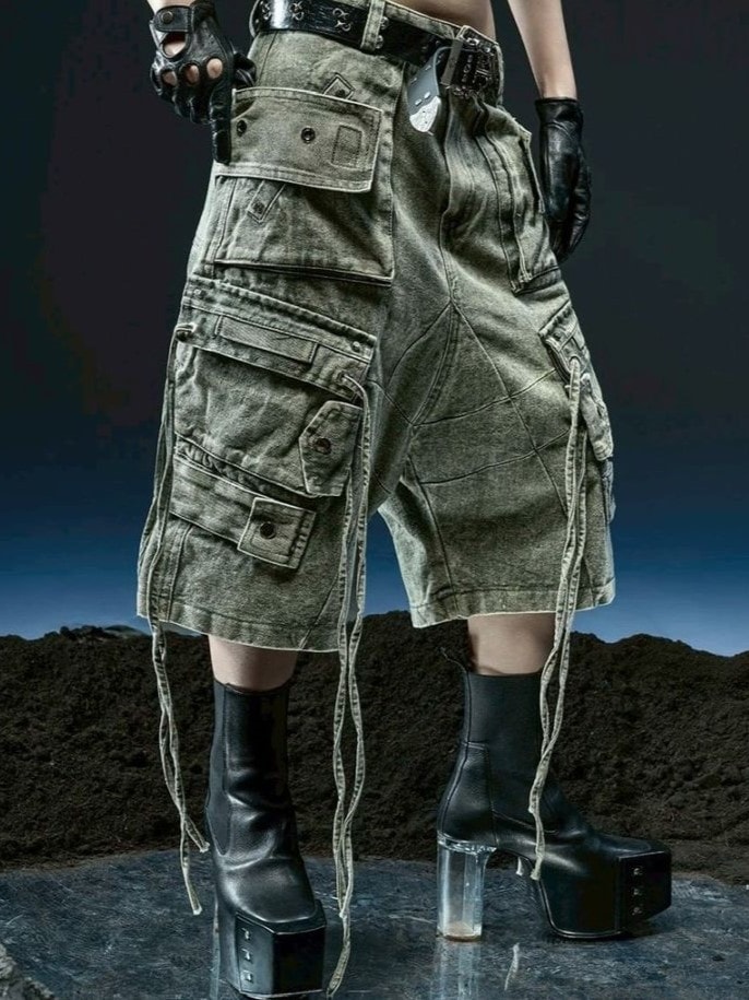 【RICH】Cargo Wide Green Washed Short pants / 【リッチ】ポケットカーゴデニムハーフパンツ