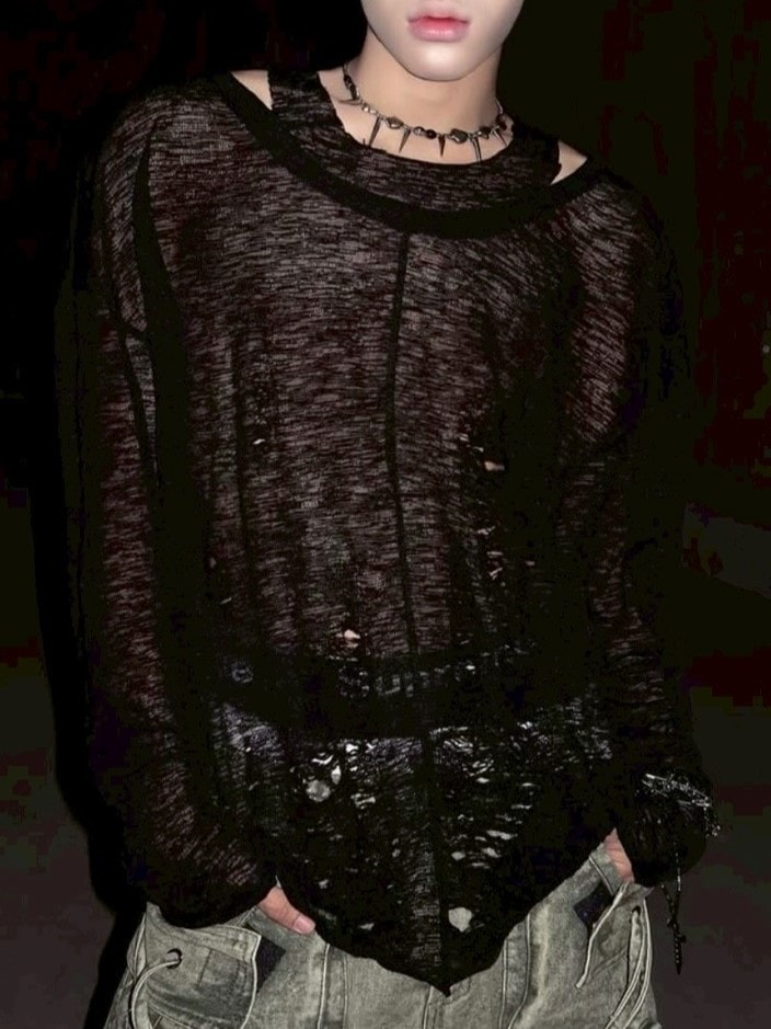 【RICH】Ripped Over Knit Top / 【リッチ】シースルーオーバーサイズ長袖ニット