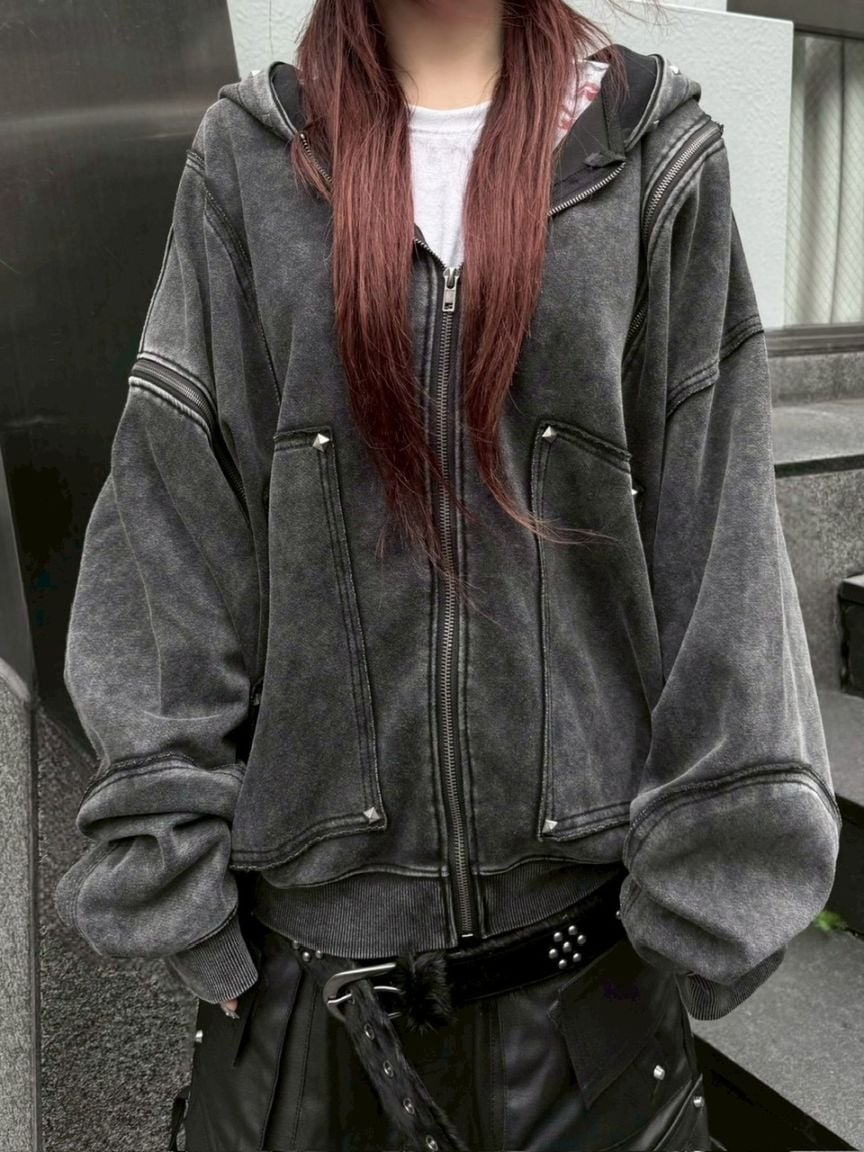 うゆ Never mind the XU】studs washing zip up hoodie / 【ネバーマインド