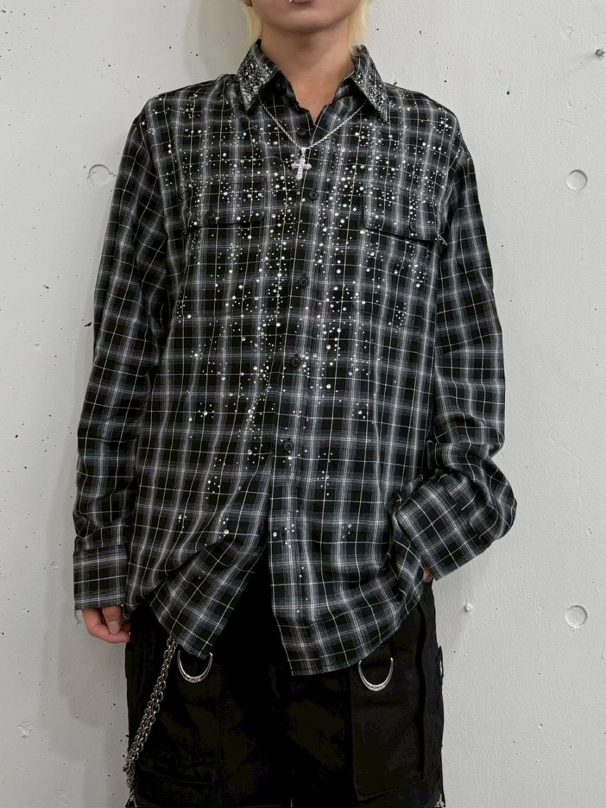 【Never mind the XU】rhinestone check shirt / 【エックスユードッグ】ラインストーンチェック長袖シャツ (2color)