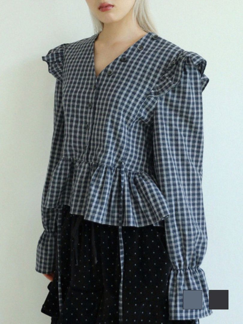 12/21 20:00 再販【Uglyshadow】BUTTON CHECK FRILL BLOUSE