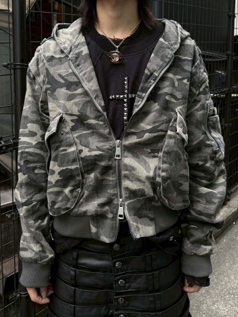 【Never mind the XU】camouflage zip up jacket / 【ネバーマインドザエックスユー】カモフラージュジップアップフードジャケット