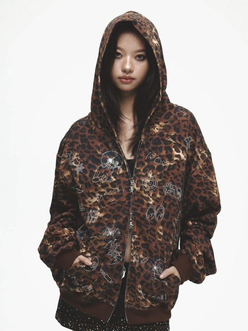DND4DES】Cartoon Rhinestone-Studded Leopard Print Zip Hoodie