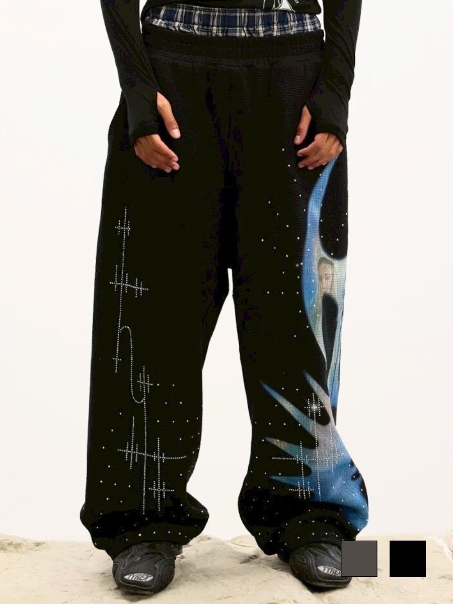 【DND4DES】Saint-M?・re De R?・ches Double-Waist Sweatpants /【ディーエヌディーフォーデス】ダブルウエストラインストーンスウェットパンツ