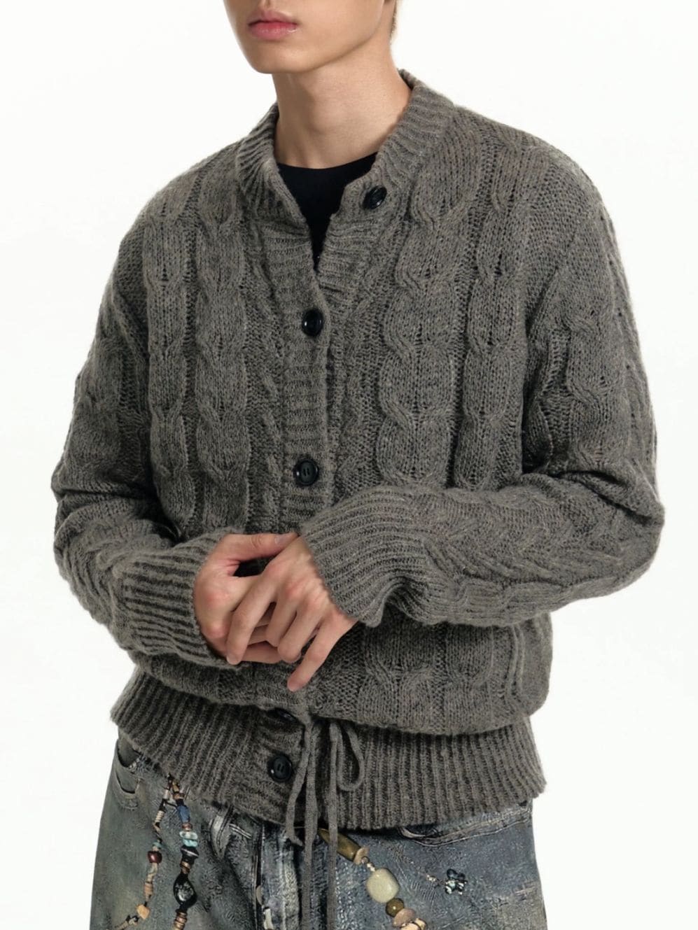 【TGNS】Drawstring Waist Slightly Transparent Hollow Sweater / 【ツーガンズ】ドローストリングケーブルニットカーディガン