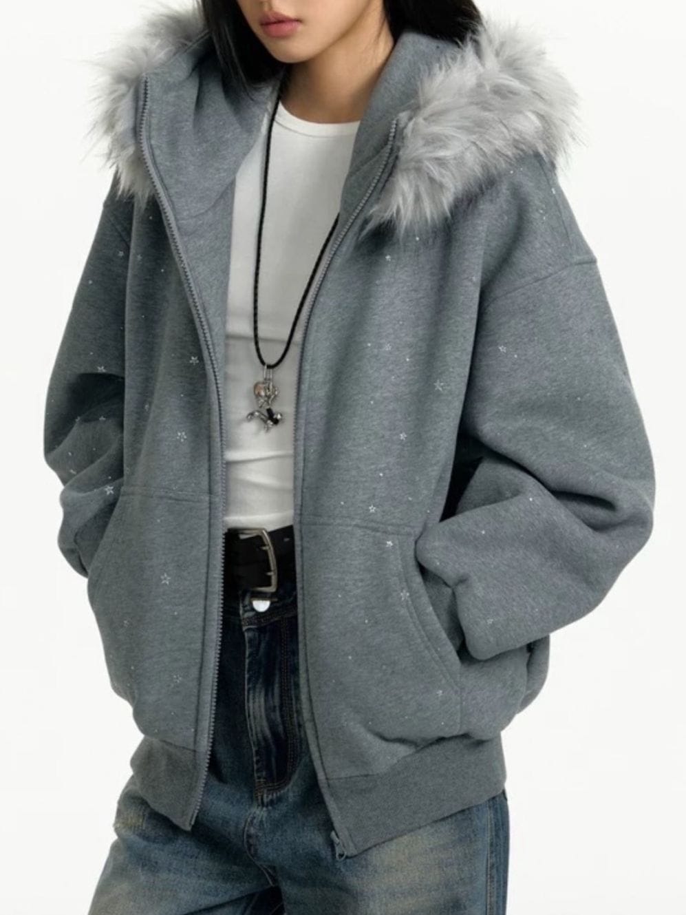 【TGNS】Galaxy Star Demolition Fur Collar Cardigan Sweatshirt / 【ツーガンズ】ギャラクシースターファーカラージップパーカー