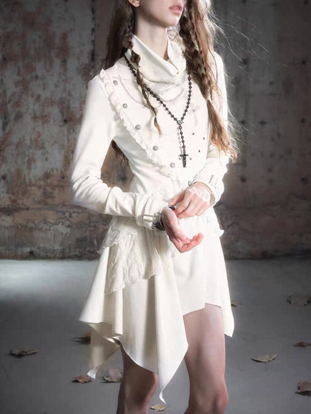 【Cest Nous】Beige Cowl Neck Dress / 【セヌー】ハイネックアシンメトリーフリルワンピース