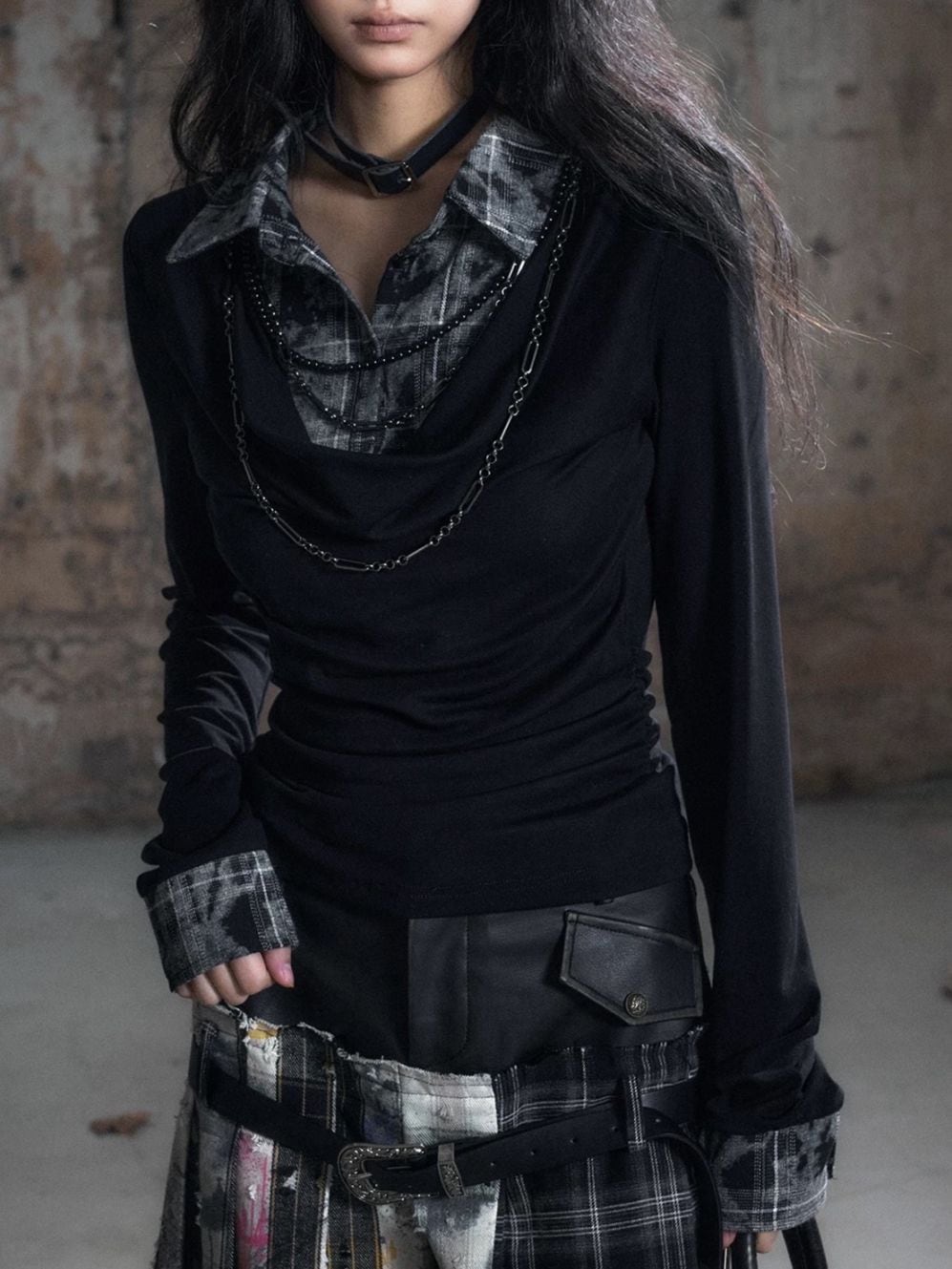 【Cest Nous】Plaid Necklace Top / 【セヌー】チェーン付きレイヤードシャツ