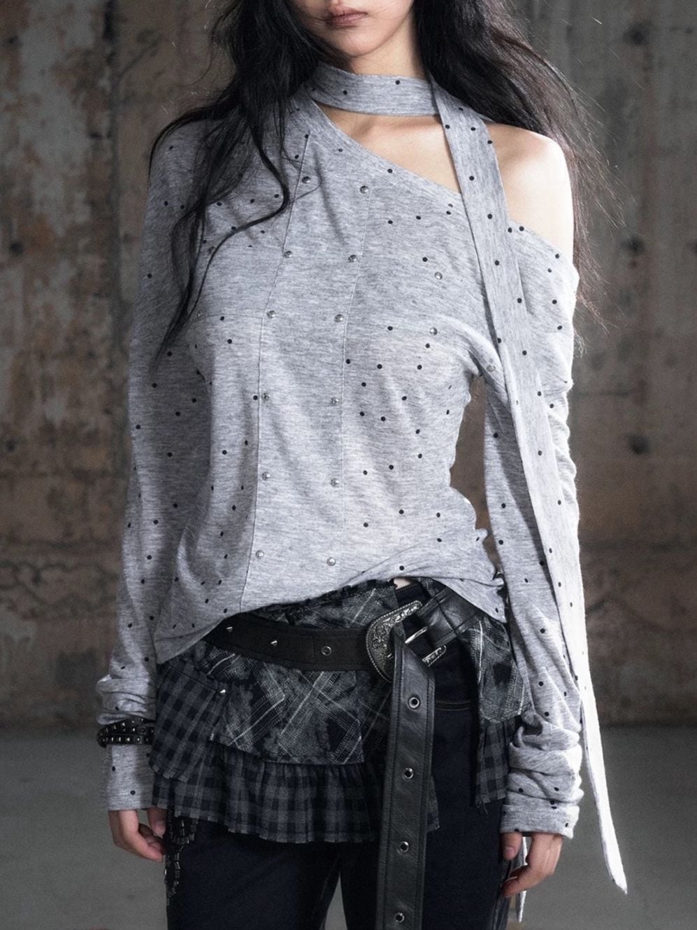 【Cest Nous】Grey Polka Dot Top  / 【セヌー】タイ付きワンショルダー長袖トップス