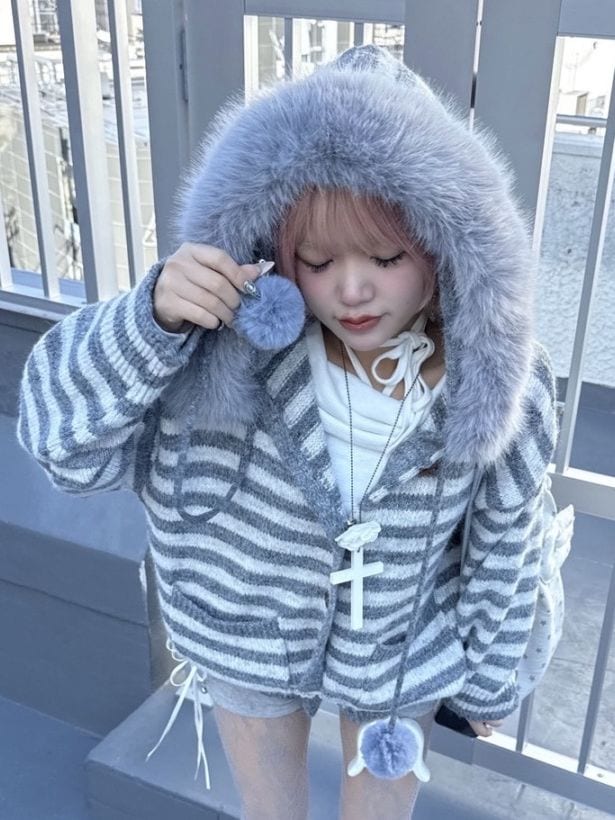 受注制【nmtc +】stripe fur hood cardigan / 【エヌエムティーシー