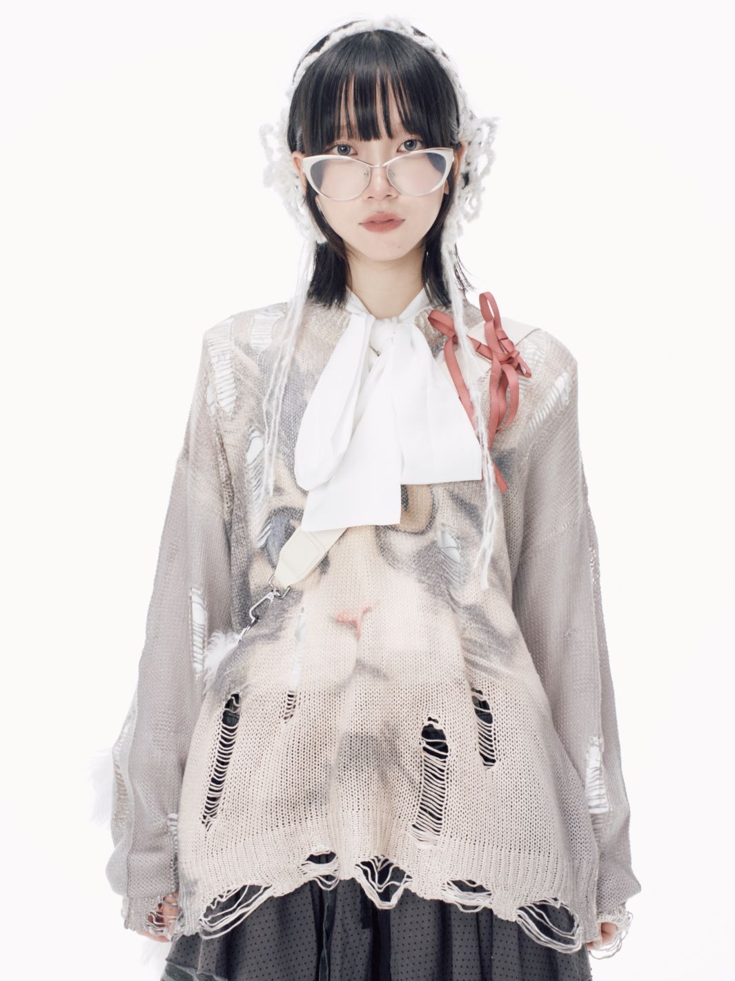 受注制【Nerd out XU】odd eye cat damage knit / 【ナードアウトエックスユー】オッドアイキャットダメージニット