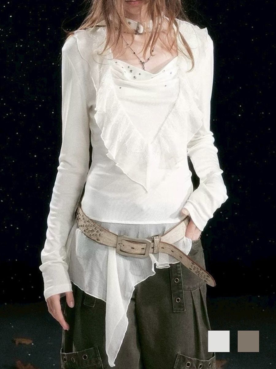 【Cest Nous】Ruffle hem top / 【セヌー】チョーカー付きアシンメトリーフリルトップス