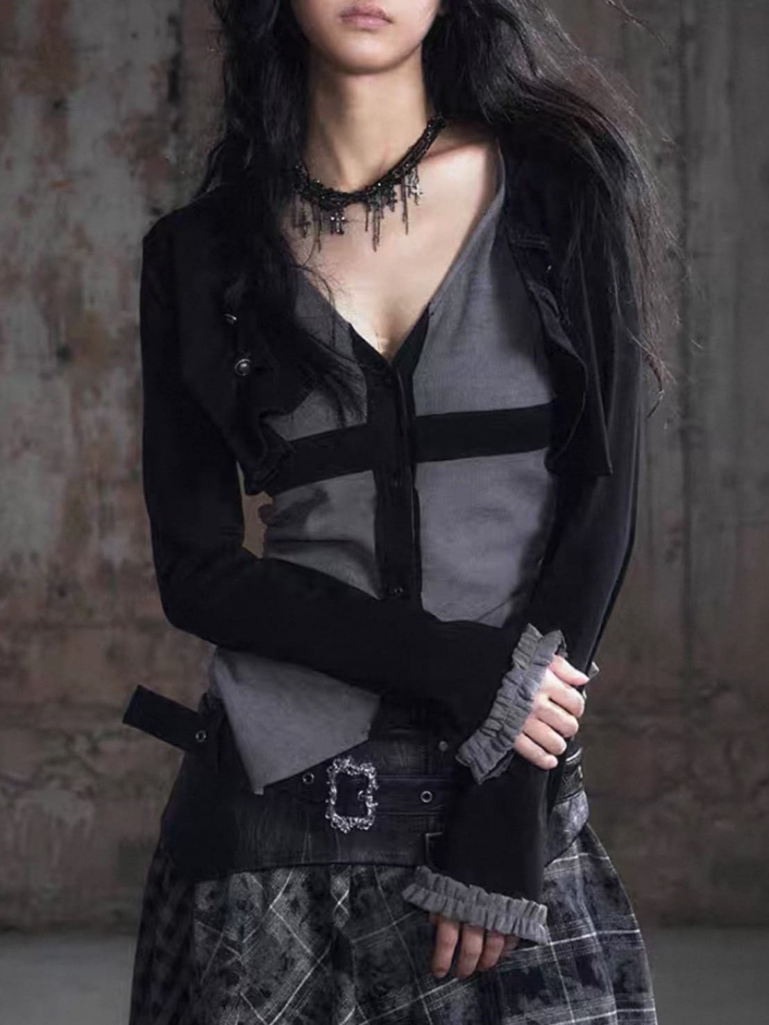 【Cest Nous】Striped Corset Top / 【セヌー】バイカラーフードコルセット長袖トップス