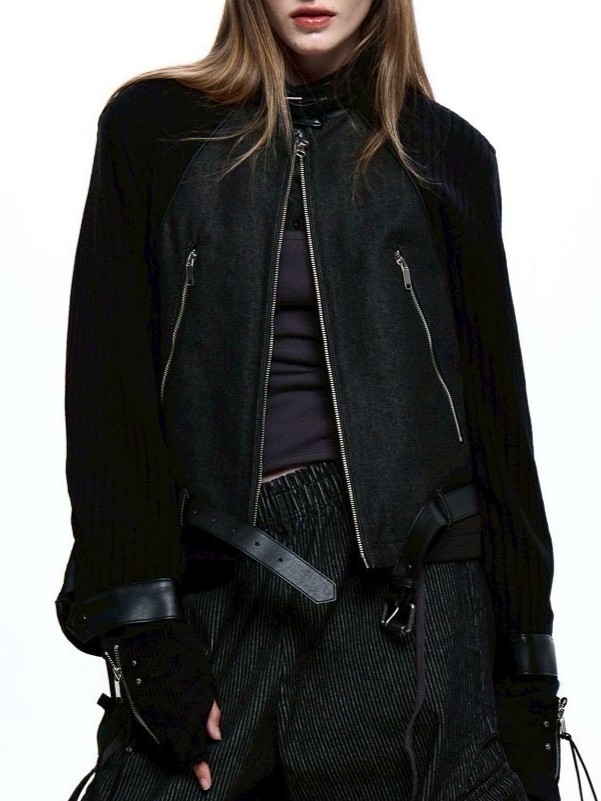 【RSSC】KNIT & DENIM BELTED BIKER JACKET