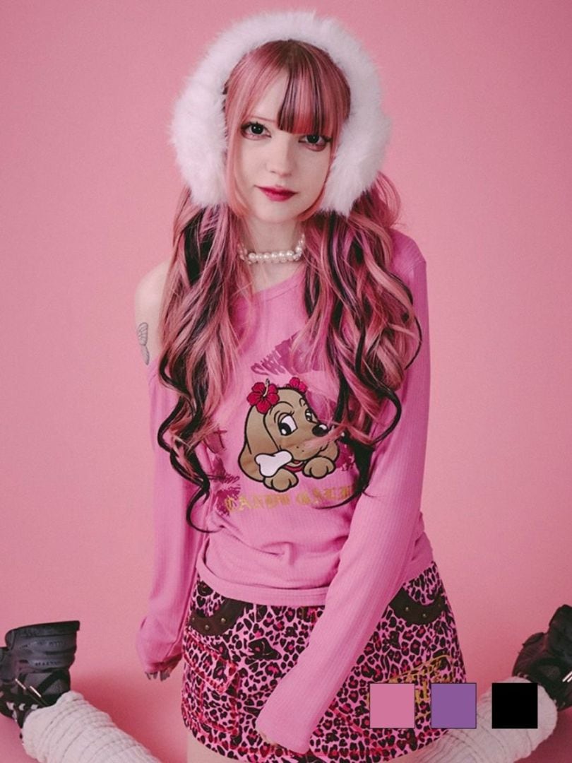 【GALFY】SEXY LIPS TEE / 【ガルフィー】ワンショルダーリッププリント長袖Tシャツ