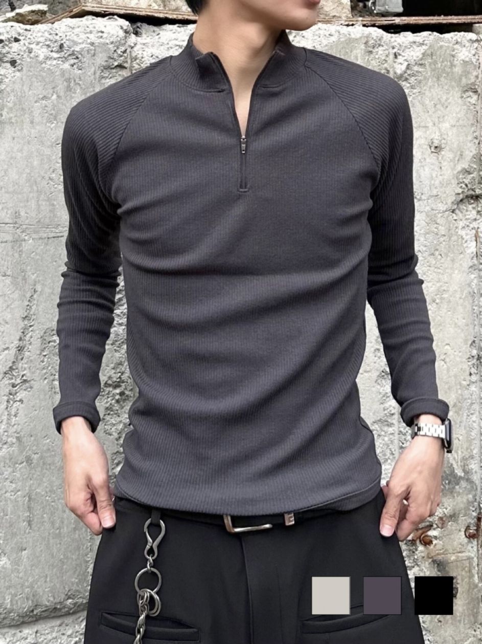 大阪店WEB限定受注制【Chikashitsu＋】mockneck zip long sleeve / 【チカシツプラス】モックネックジップ長袖Tシャツ (3color)