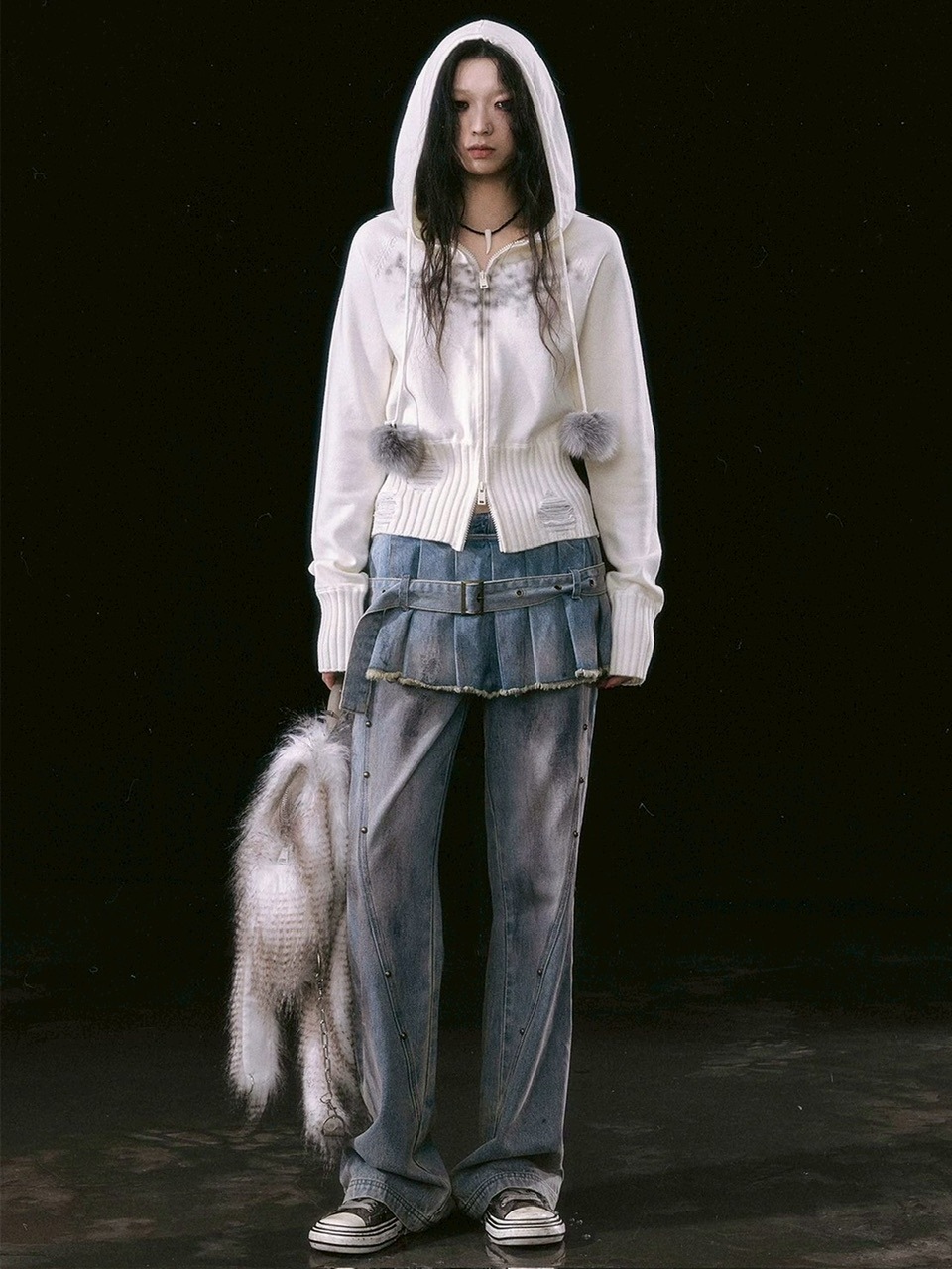 CestNous｜ヴィンテージウォッシュ プリーツ一体型デニムスカートパンツ CestNous｜ヴィンテージウォッシュ プリーツ一体型デニム